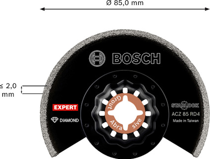 Halvcirkelformat sågblad från Bosch, märkningar: "Ø 85,0 mm", "≤ 2,0 mm", "EXPERT", "DIAMOND", "STARLOCK", "ACZ 85 RD4".
