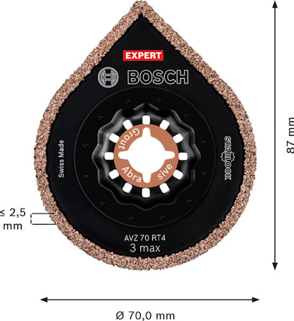 Slipblad med Bosch-logotyp, text "EXPERT", "AVZ 70 RT4", "3 max", "starlock", mått 70 mm och 87 mm, "≤ 2,5 mm".