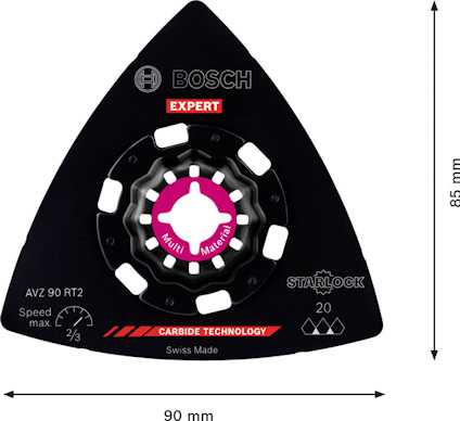 Triangulär slipplatta från Bosch, mått: 85x90 mm, med texten "Multi Material", "STARLOCK", "Swiss Made", "EXPERT".