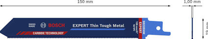Blått sågblad med texten "BOSCH EXPERT Thin Tough Metal, SWISS MADE, 150 mm, 19 mm, 1,00 mm".