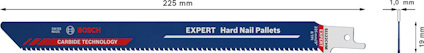 Sågblad med text: "BOSCH CARBIDE TECHNOLOGY EXPERT Hard Nail Pallets". Längd: 225 mm, Tjocklek: 1 mm.