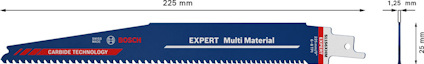 Sågblad med mått 225 mm i längd och 1,25 mm i tjocklek. Text: "EXPERT Multi Material", "CARBIDE TECHNOLOGY".
