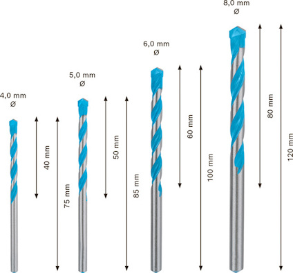 Fem borr av olika storlekar, märkta från 4,0 mm till 8,0 mm. Längd varierar från 40 mm till 120 mm.