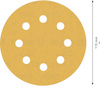 Rundt sandpapper med åtta hål, diameter 115 mm, mot vit bakgrund.