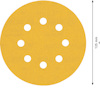 Rundt sandpapper med hål, gula i färgen. Diameter markerad som 125 mm.