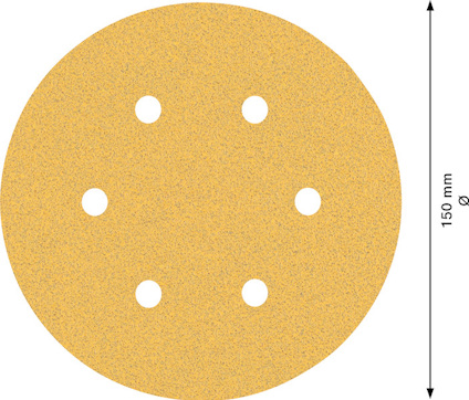 Rundt sandpapper med sex hål. Diameter: 150 mm.