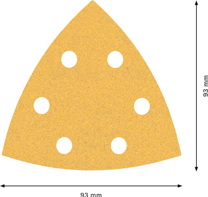 Triangulärt sandpapper, 93 mm, med sex runda hål.
