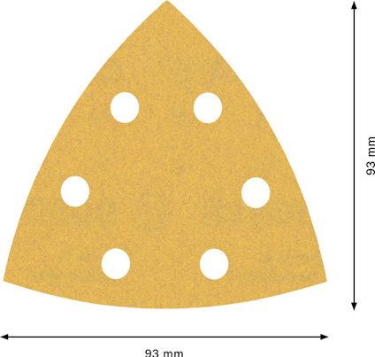 Triangulärt sandpapper med sex runda hål. Mått: 93 mm x 93 mm.