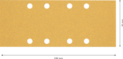 Rektangulärt sandpapper, 230x93 mm, med sex jämnt fördelade hål.
