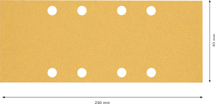 Rektangulärt sandpapper, 230 mm x 93 mm, med sex jämnt fördelade hål.