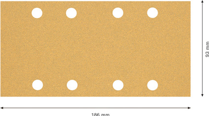 Rektangulärt sandpapper med åtta runda hål, mått: 186 mm x 93 mm.