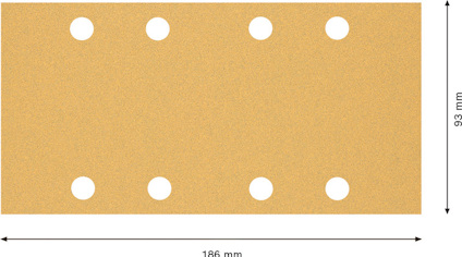 Rektangulärt sandpapper med åtta hål, mått 186 x 93 mm.