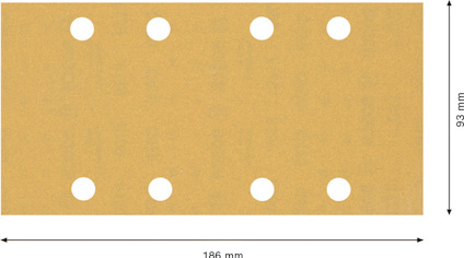 Rektangulär sandpappersark med åtta hål, mått 186 mm x 93 mm.