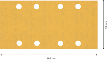 Rektangulärt sandpapper med åtta hål, mått 186 mm x 93 mm.