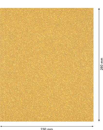 Guldfärgat sandpapper, 230 mm x 280 mm, visas platt med sina mått angivna.