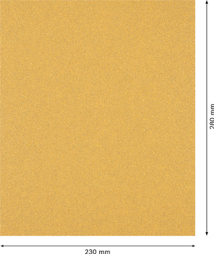 Sandpapper 230 mm x 280 mm i gulbrun färg, med fin yta och angivet mått.