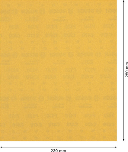 Rektangulärt sandpapper med måtten 230 mm x 280 mm.