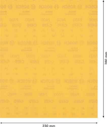 Gult sandpapper med Bosch-logotyper och märkningar. Mått: 230 mm x 280 mm.