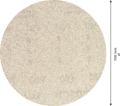 Rund sandpappersskiva, beige och granulär, med en höjd på 150 mm markerad bredvid.