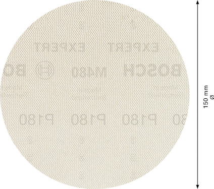 Rund sandpappersskiva med texten "Bosch" och "P180", diameter 150 mm, på ljus bakgrund.