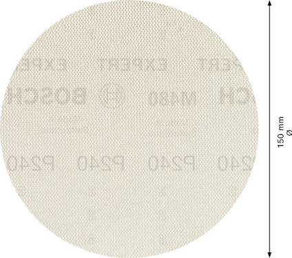 Sandpappersrondell med Bosch-logotyp, perforerat för dammutsug, diameter 150 mm, P240 kornstorlek.