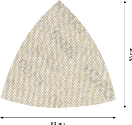 Triangulär sliprondell med texturen synlig, vit bakgrund, dimensioner markerade som 93 mm.