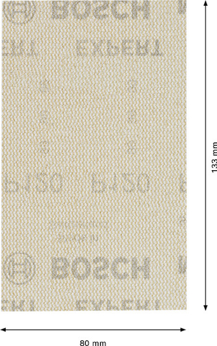 Rektangulärt Bosch sandpapper, mått 80x133 mm, med otydlig text och logotyp.