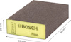 Gul slipkloss med svart slityta och Bosch-logotypen, märkning "EXPERT Fine", omgiven av måttangivelser: 98x69x26 mm.