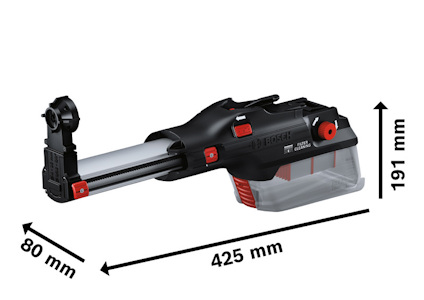 Svart och röd elverktygstillbehör med dimensioner: 425 mm längd, 80 mm bredd, 191 mm höjd.