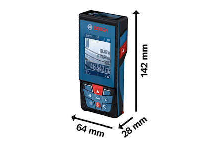Digital lasermätare, svarta och blå, med display som visar "48.542 m" och måtten 142 mm x 64 mm x 28 mm.