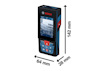 Laseravståndsmätare från Bosch, med måtten 142 mm x 64 mm x 28 mm.