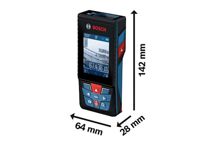 Laseravståndsmätare från Bosch, med måtten 142 mm x 64 mm x 28 mm.