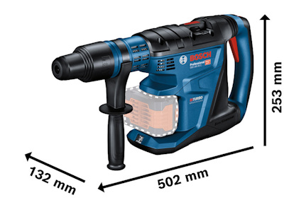 Slagborrmaskin Bosch Professional med måtten 502 mm längd, 132 mm bredd och 253 mm höjd.