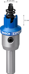 Borr för plåtar med 14 mm diameter, märkt "Bosch Expert," med fjäder och måttangivelse: 11 mm.