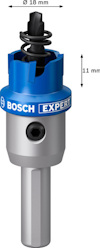 Blå och silverfärgad borrkrona med märket "BOSCH EXPERT"; diametermärkt 18 mm, höjd 11 mm.