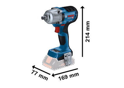 Sladdlös borrskruvdragare med dimensioner: 214 mm hög, 169 mm lång, 77 mm bred. Bosch-märke synligt på verktyget.