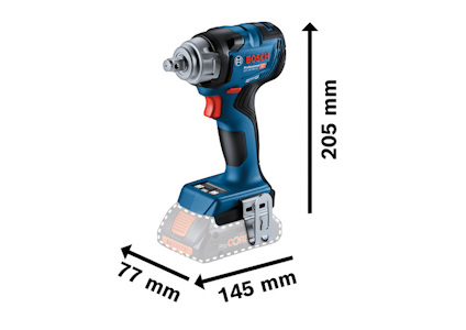 Sladdlös blå och svart slagborr med märket Bosch och mått 77 mm x 145 mm x 205 mm, utan batteri.