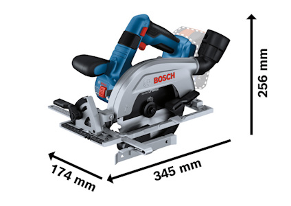 Cirkelsåg med Bosch-logotyp, mått 174 mm x 345 mm x 256 mm.