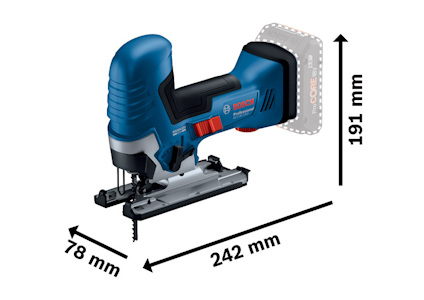 Sticksåg med blått handtag, märkt "Bosch Professional". Mått: 242 mm lång, 78 mm bred, 191 mm hög.