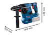 Blå och svart borrmaskin med handtag, Bosch-logotyp, mått: 363 mm x 103 mm x 249 mm.