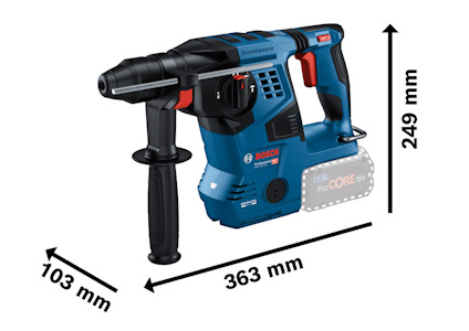 Blå och svart borrmaskin med handtag, Bosch-logotyp, mått: 363 mm x 103 mm x 249 mm.