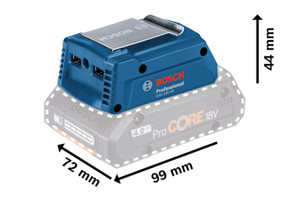 Batteriadapter Bosch Professional, dimensionsangivelser: 44 mm hög, 72 mm bred, 99 mm djup.