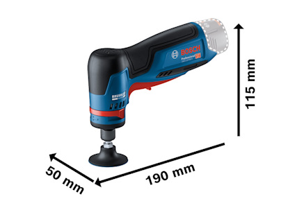 Blå och svart sladdlös slipmaskin med måtten 190 mm x 115 mm x 50 mm, märkt "Bosch".