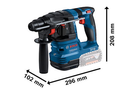 Borrmaskin med Bosch-logotyp, blå och svart, med måttangivelser 296 mm, 208 mm, 102 mm.