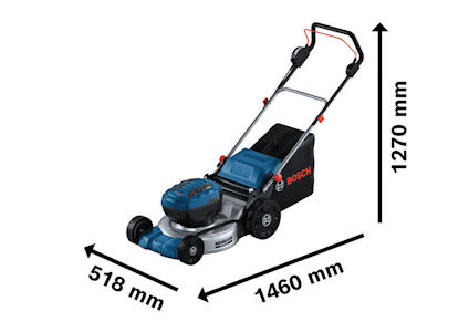 Gräsklippare med måtten 1460 mm, 518 mm, 1270 mm och blått och svart färgschema.