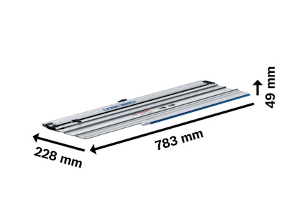 Väg av aluminium med mått: 783 mm lång, 228 mm bred, 49 mm hög.