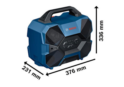 Blå bärbar högtalare med handtag, svart bas, och måtten 231 mm x 376 mm x 336 mm.