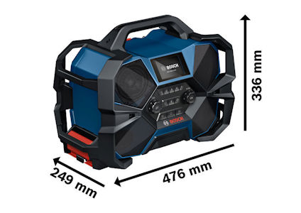 Bärbar Bosch radio med handtag, högtalare och kontrollpanel. Måtten är 476 mm x 336 mm x 249 mm.