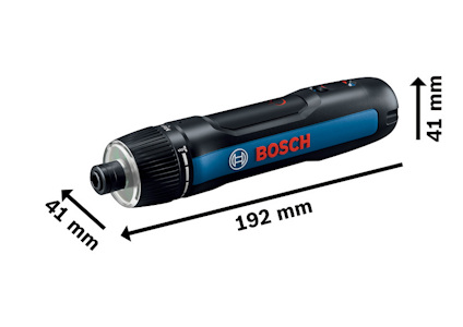 Sladdlös skruvdragare med Bosch-logotyp. Mått: 192 mm längd, 41 mm diameter.