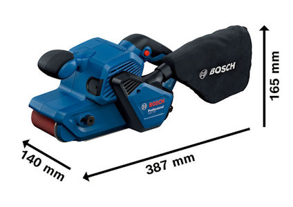 Bandslipmaskin från Bosch med dammpåse. Märkta mått: 387 mm lång, 165 mm hög, 140 mm bred.